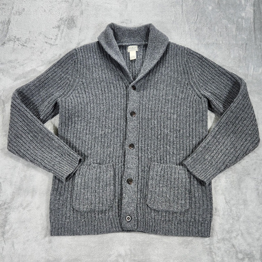 L.L.Bean Sweater Mens Large Tall Gray Lambswool Classic Ragg Wool Shawl Cardigan